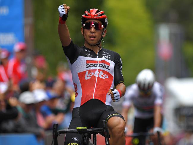 STIRLING, AUSTRALIA - JANUARY 22: Arrival / Caleb Ewan of Australia and Team Lotto-Soudal / Celebration / during the 22nd Santos Tour Down Under 2020, Stage 2 a 135,5km stage from Woodside to Stirling 422m / TDU / @tourdownunder / #UCIWT / on January 22, 2020 in Stirling, Australia. (Photo by Tim de Waele/Getty Images)