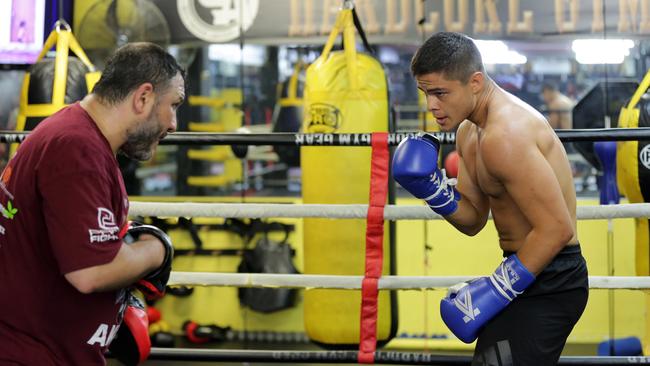 Bilal Akkawy training with coach Mahmoud Akkawy on his training ground Hardcore Gym in Carlton. Picture: Christian Gilles