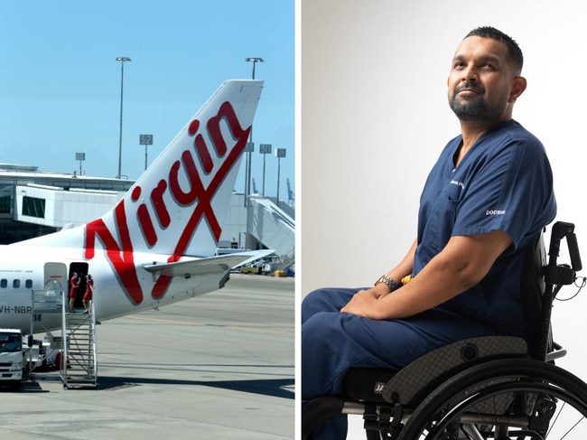 Virgin Australia has launched an investigation after prominent disabled doctor Dinesh Palipana was tipped out of his wheelchair by ground staff at Brisbane Airport on Wednesday.