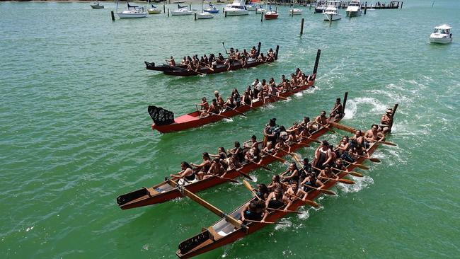 A fleet of Waka take part in Waitangi Day celebrations on the anniversary of the signing of the Treaty of Waitangi on February 6, 1840. Picture: Getty Images.