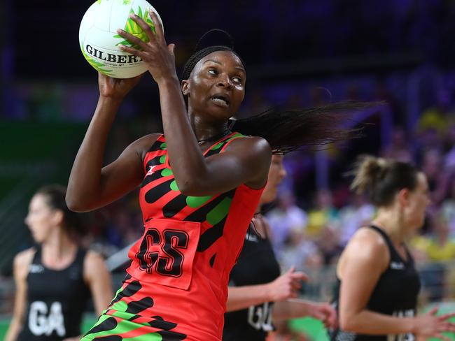 Mwai Kumwenda of Malawi catches the ball during the Netball match between New Zealand and Malawi