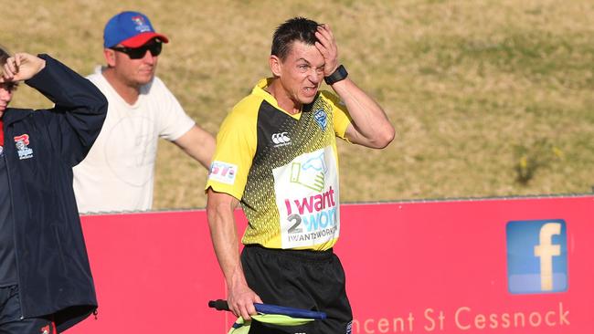 After last weekend's error in the NRL game between Canberra and Cronulla, touch judge Ricky McFarlane was exiled yesterday to run the line in the NSW Cup game between Newcastle and Wentworthville at Cessnock Sports Ground. Picture by Peter Lorimer. After last weekend's blatant error in the NRL game between Canberra and Cronulla, touch judge Ricky McFarlane was exiled yesterday to run the line in the NSW Cup game between Newcastle and Wentworthville at Cessnock Sports Ground. Picture by Peter Lorimer.