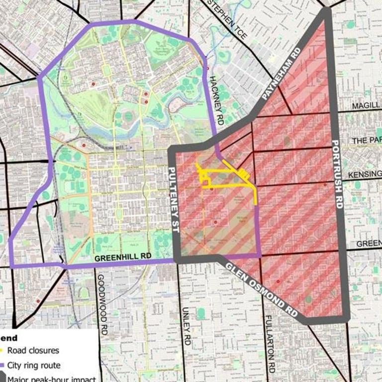 Map of Adelaide 500 road closures and go-slow zones. Picture: Supplied