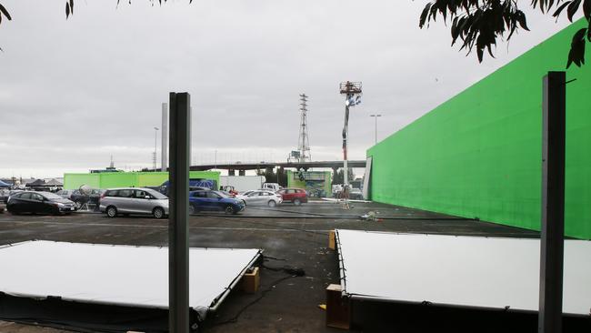 A giant green screen will help production crews turn the Docklands set and Melbourne skyline into LA. Picture: David Caird