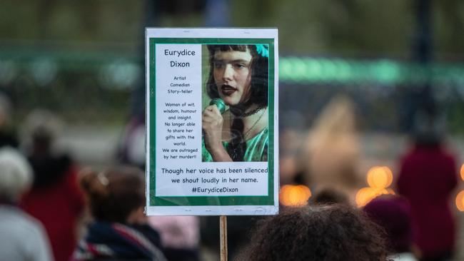 A sign held up in memory of Eurydice Dixon in Adelaide at one of many vigils around the country this week. (Pic: Matt Turner)