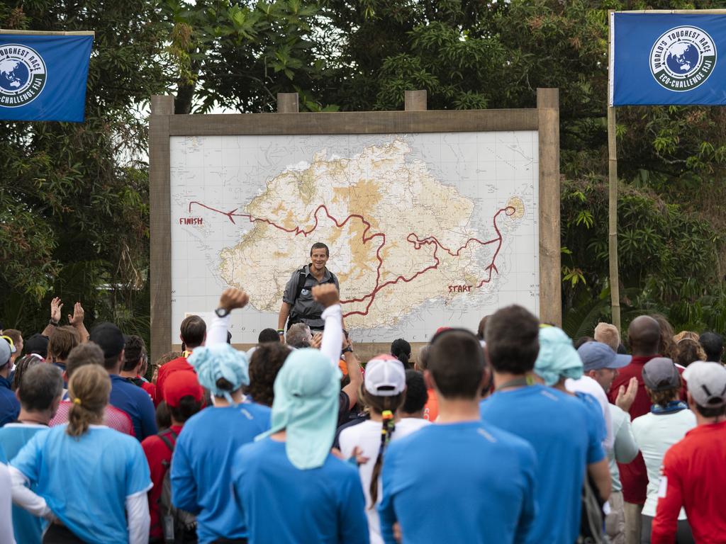 Bear Grylls introduces competitors to the race course in Fiji. Picture: Amazon