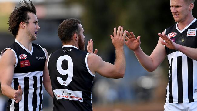 Moonee Valley celebrates a goal this season. Picture: Andy Brownbill