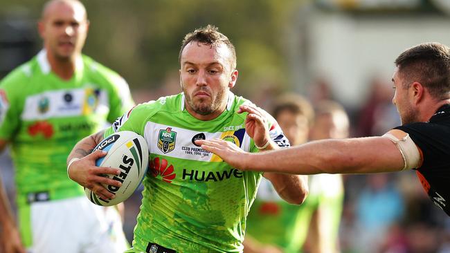 Canberra's Josh Hodgson during the Wests Tigers v Canberra Raiders rugby league game at Leichhardt Oval, Sydney. Pic Brett Costello
