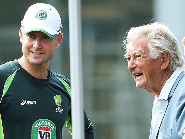 Former Australian Prime Minister Bob Hawke talks with the Australian captain Michael Clarke and players during training at the SCG ahead of their World Cup Semi Final against India. pic. Phil Hillyard