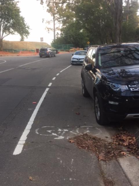 A car parked in a bike lane.