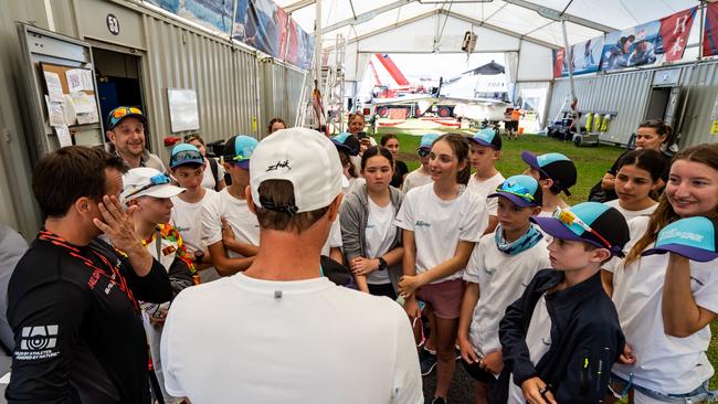 Nathan Outteridge, helmsman and CEO of Japan SailGP Tema, speaking to SailGP Inspire kids inside Japan SailGP Team base. Race Day 2. Sydney SailGP, Event 1 Season 2 in Sydney Harbour, Sydney, Australia. 29 February 2020. Photo: Beau Outteridge for SailGP.