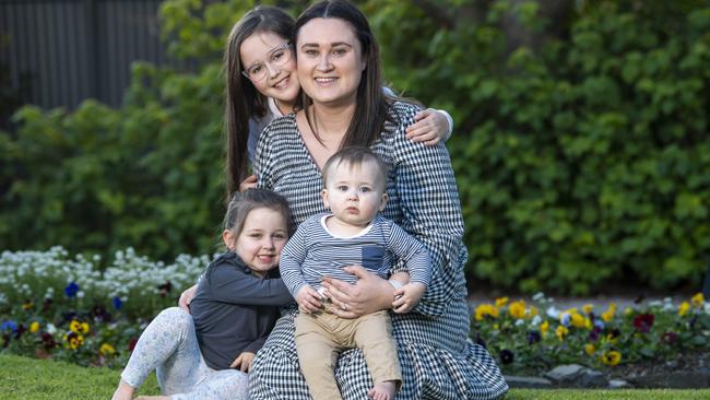 Caitlin O'Connell with her children Zara, 8, Harlow, 4 and Harvey, 10 months. Picture: Mark Brake