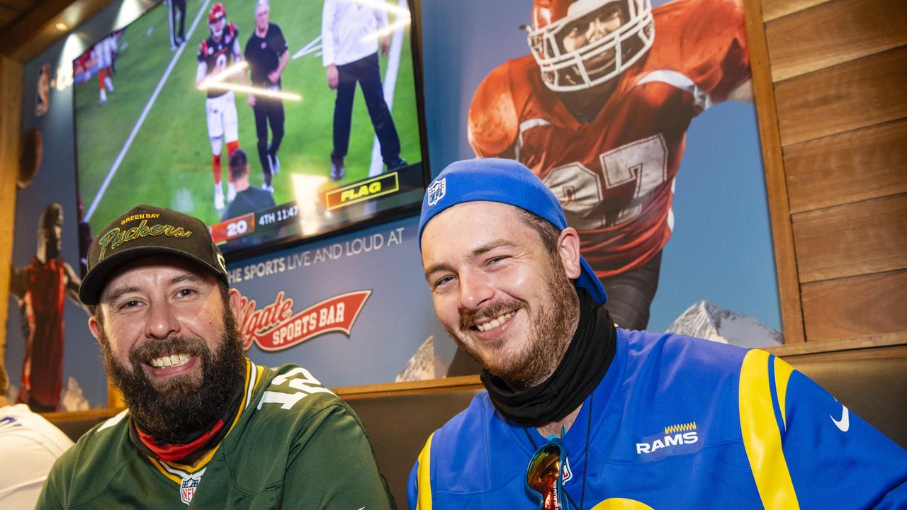 Mark Powell (left) and Duane Pitura watch the NFL Super Bowl at Tailgate Sports Bar, Monday, February 14, 2022. Picture: Kevin Farmer