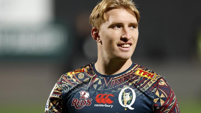 NEW PLYMOUTH, NEW ZEALAND - MAY 12: Tate McDermott of the Reds warms up during the round 12 Super Rugby Pacific match between Chiefs and Queensland Reds at Yarrow Stadium, on May 12, 2023, in New Plymouth, New Zealand. (Photo by Andy Jackson/Getty Images)