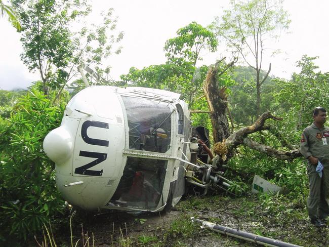 The crashed helicopter in East Timor in 2004, with RAAF nurse Sharon Bown on board.