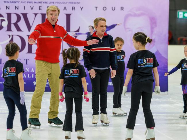 Local Sydney skaters get a lesson from legends of the ice Torvill and Dean at The Ice Zoo in Mascot. Picture: Justin Lloyd.