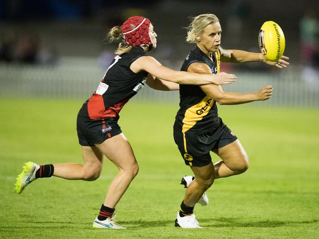 Glenelg captain Cassie Hartley is tackled during a game against West Adelaide last year. Picture: Matt Loxton.