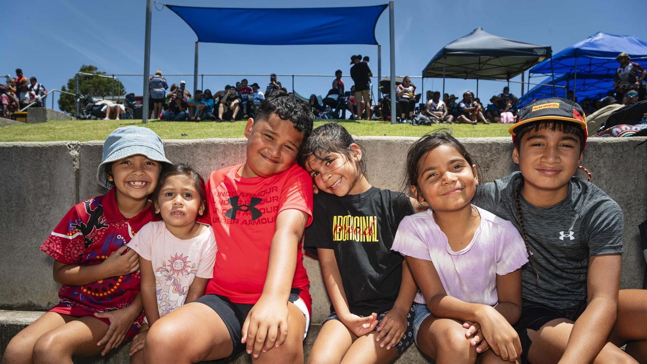 At the Warriors Reconciliation Carnival are (from left) Khelhani Weatherall, Dhilala McCarthy, Gabriel Jackson, Kheleya Weatherall, Marley-Jean McCarthy and Isaiah Jackson at Jack Martin Centre, Saturday, January 25, 2025. Picture: Kevin Farmer