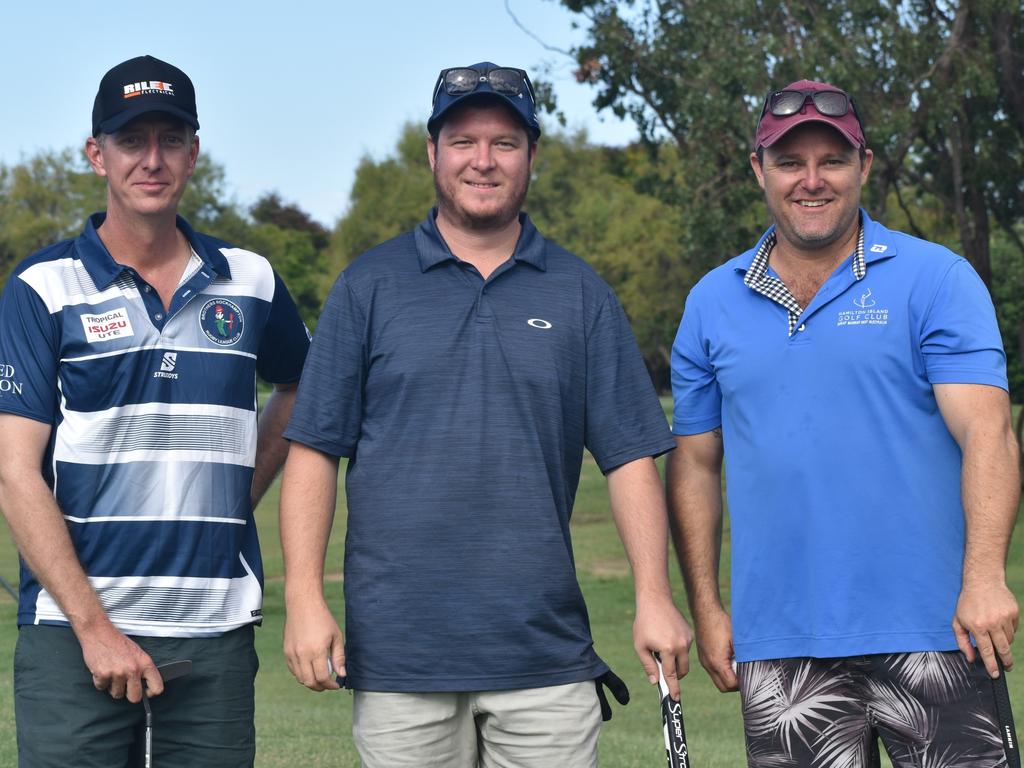 The Rilec team - Ben Riley, Jeremy Hawtin and Tom Simpson - at the inaugural Brendon Hall Memorial Golf Day at the Rockhampton Golf Club on February 16, 2025.