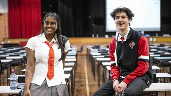 Cherrybrook Tech students Umica Ratnam and James Doak after finishing the 2023 Advanced Mathematics HSC exam. Picture: Daily Telegraph / Monique Harmer