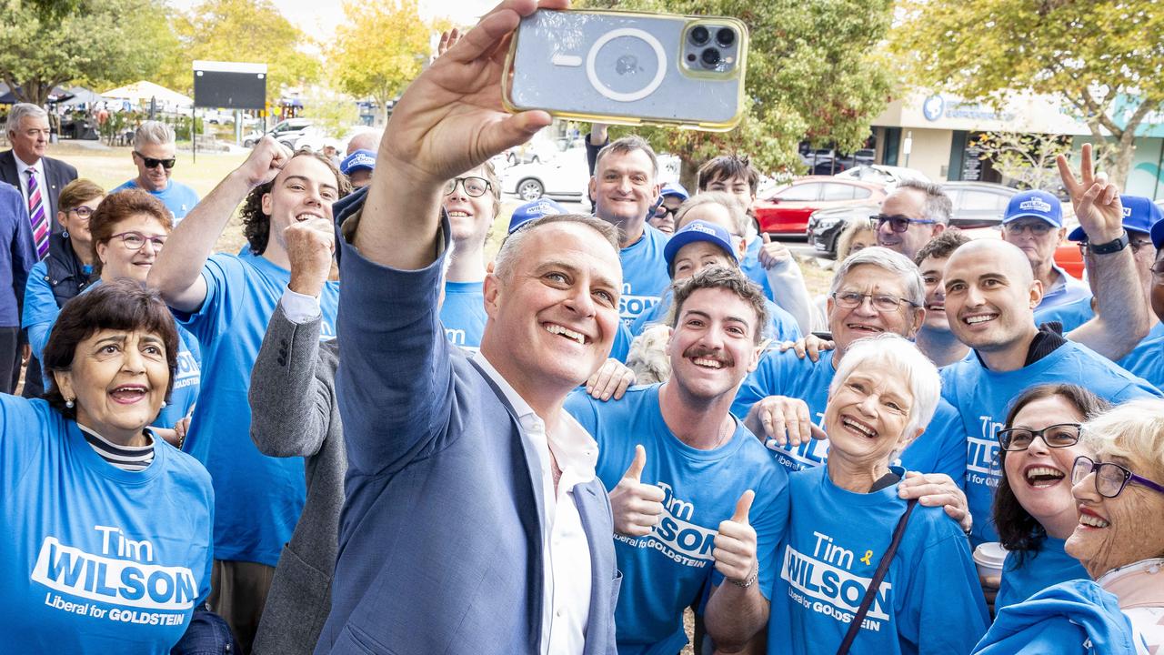 Tim Wilson celebrates after defeating Zoe Daniel in the seat of Goldstein. Picture: Jake Nowakowski