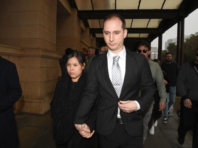 Alexander Campbell leaves the District Court with his wife Diana, after a not-guilty verdict of causing death by dangerous driving for Sophia Naismith who was struck down and killed by his out of control Lamborghini at Glengowire in June 2019. Picture: NCA NewsWire/ Tricia Watkinson