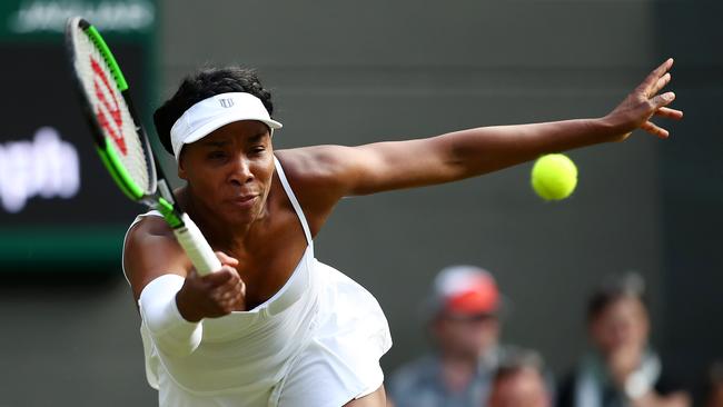 LONDON, ENGLAND - JULY 01: Venus Williams of The United States plays a forehand in her Ladies' Singles first round match against Cori Gauff of the United States during Day one of The Championships - Wimbledon 2019 at All England Lawn Tennis and Croquet Club on July 01, 2019 in London, England. (Photo by Clive Brunskill/Getty Images)