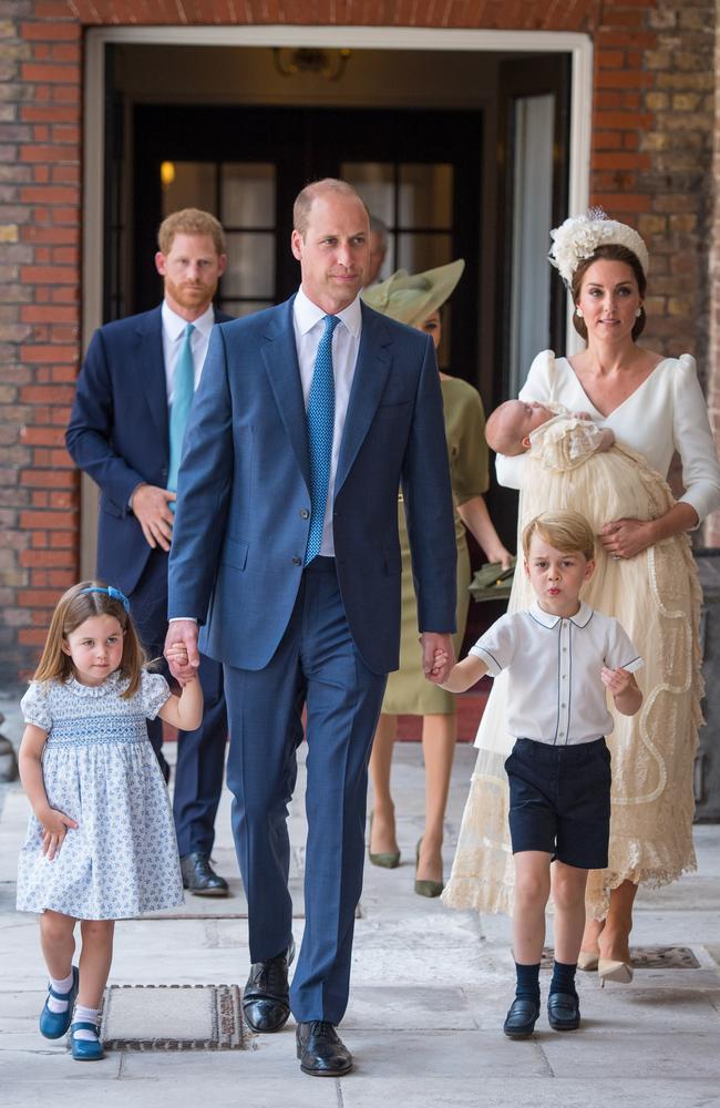 Arhcie’s cousins Princess Charlotte, Prince George (right) and Prince Louis (held by Kate Middleton), with uncle Prince William, centre. Picture: Getty Images