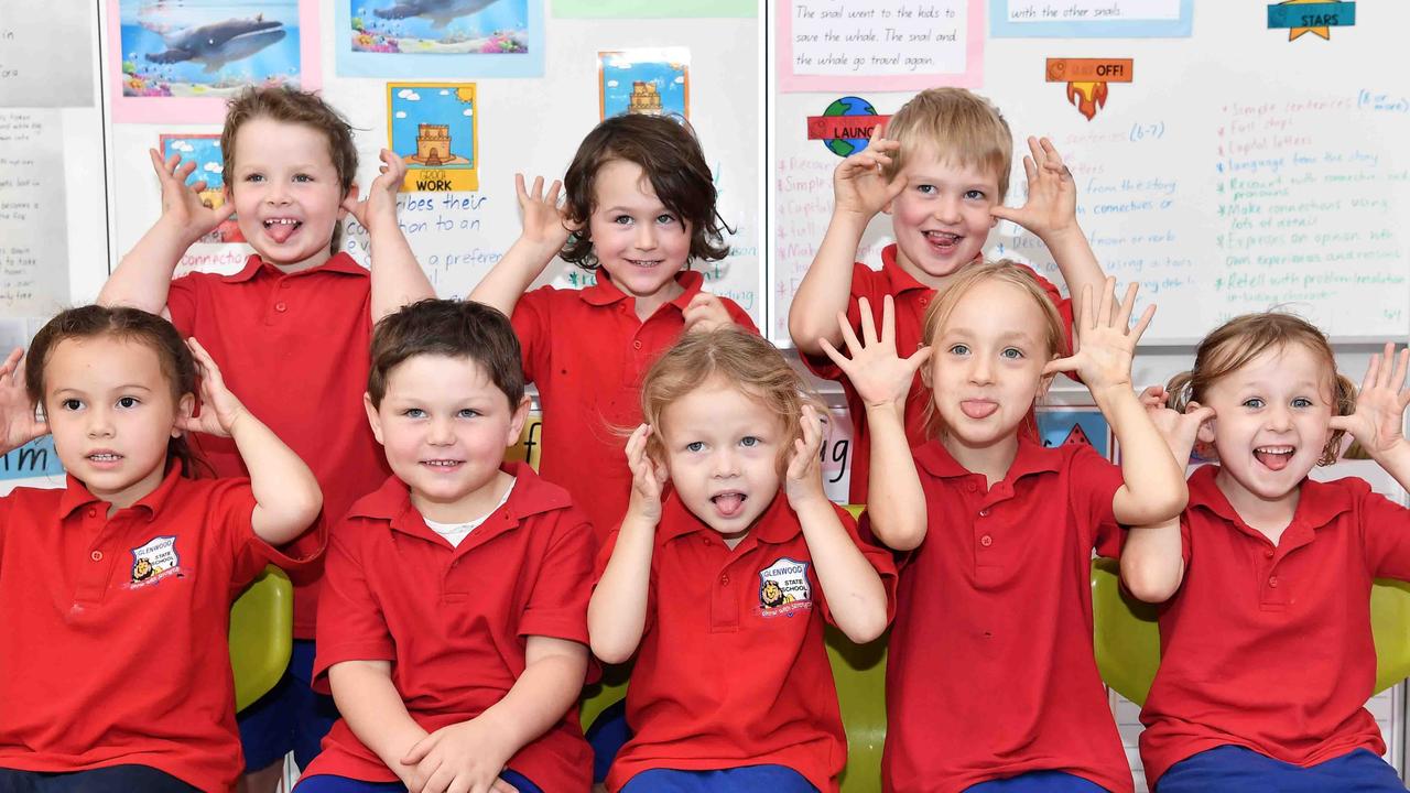 My First Year: Glenwood State School Preps. (back) Grace, Arlo, Declan. (front) Zayda, Axel, Kyah, Macey, Nevaeh. Picture: Patrick Woods.