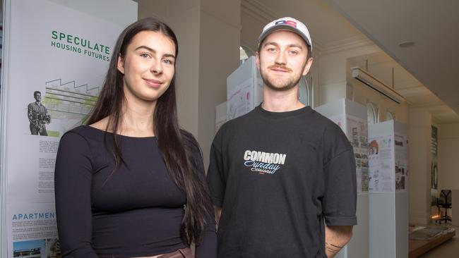 Bachelor of Architecture students, Kate Shreeve and Jack Rose at the Brickworks Studio with their designs for under-utilised spaces. Picture: Linda Higginson