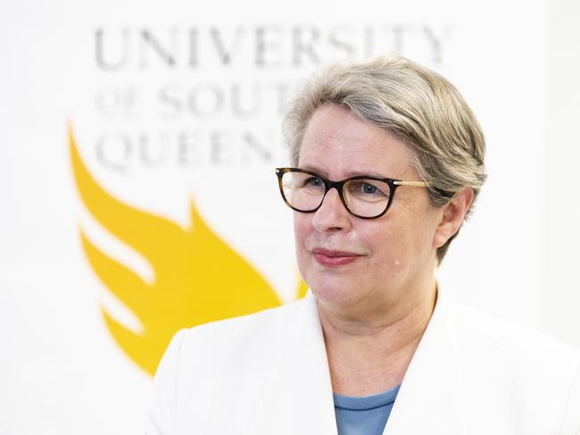 USQ vice-chancellor Professor Geraldine Mackenzie talks to media at the launch of the Darling Downs - South West Medical Pathway, a collaboration between The University of Queensland, University of Southern Queensland, South West Hospital and Health Service and Darling Downs Health, Monday, December 6, 2021. Picture: Kevin Farmer