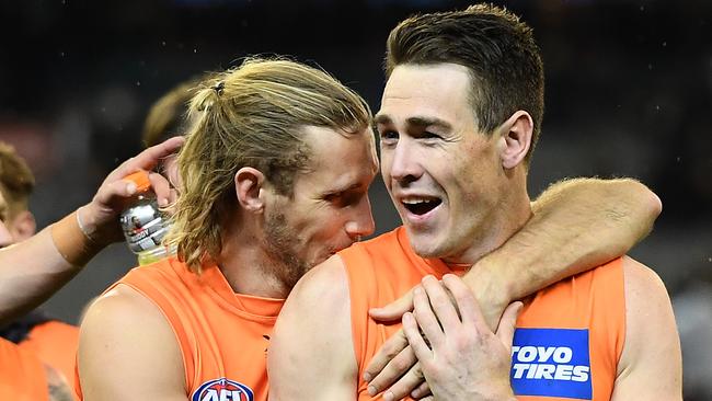 GWS stars Nick Haynes and Jeremy Cameron celebrate their preliminary final Collingwood. Picture: Quinn Rooney/Getty Images)