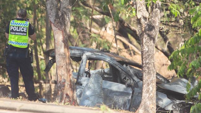 NT Police Crash Investigators at the scene of a car crash on Dick Ward Drive overnight with roads closed in both Directions. Picture: GLENN CAMPBELL