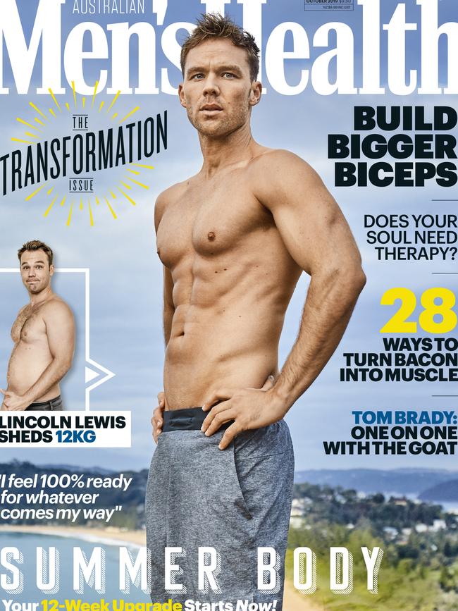 A post-body overhaul Lincoln Lewis on the cover of Men’s Health. Picture: Men’s Health