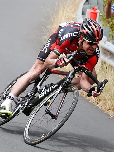 Cadel Evans charges down the Corkscrew. Picture: Sarah Reed