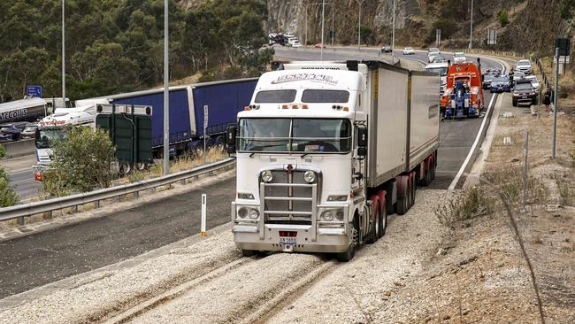 A truck in the lower arrester bed on the South-Eastern Freeway.