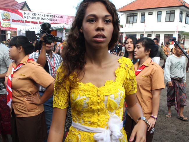 American woman Heather Mack, serving 10 years for killing her mother, during today’s Independence Day ceremony in Kerobokan prison. Picture: Lukman S Bintoro.