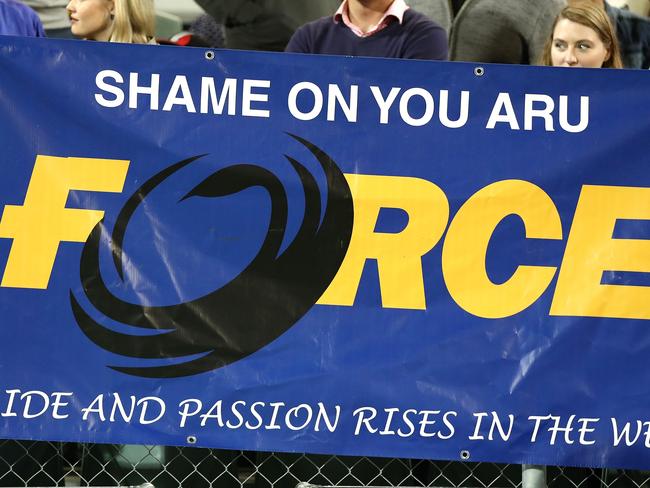 PERTH, AUSTRALIA - SEPTEMBER 09: Force supporters hold a banner during The Rugby Championship match between the Australian Wallabies and the South Africa Springboks at nib Stadium on September 9, 2017 in Perth, Australia.  (Photo by Cameron Spencer/Getty Images)