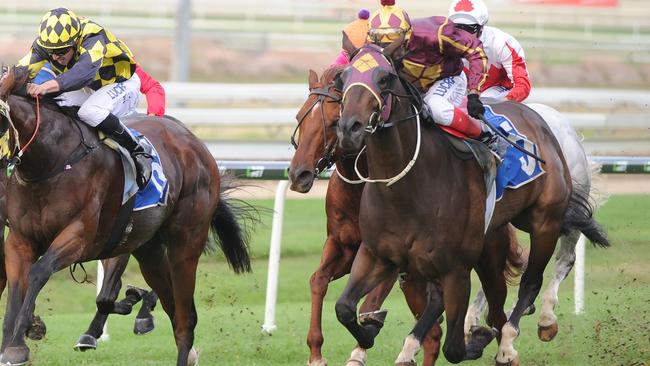 Cylinder Beach makes his winning run in the Gunsynd Classic at Doomben. Picture: Grant Peters, Trackside Photography.