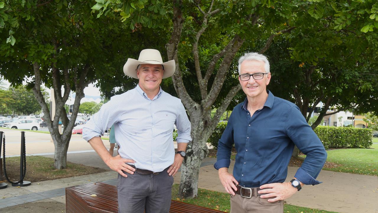 Katter’s Australian Party leader Robbie Katter and Senator Gerard Rennick and in Cairns on Tuesday for a cost of living tour. Picture: Peter Carruthers