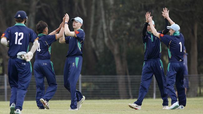 Riverina players congratulate each other after taking another wicket. Picture: John Appleyard