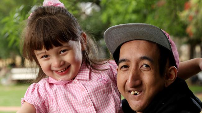 Kiri Schroeter with his daughter Holly at his parents’ Nuriootpa home. Picture: Calum Robertson