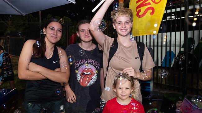 Vee Magkos, Jessie Heit, Faith Robertson and Summer O’Dwyer at the Gold Coast Suns match vs Adelaide Crows at TIO Stadium. Picture: Pema Tamang Pakhrin