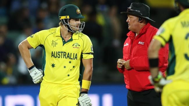 Australia's Shane Watson is spoken to by th umpire after verbals with Pakistan's Wahab Riaz during ICC Cricket World Cup Quarter Final between Australia and Pakistan at the Adelaide Oval. pic. Phil Hillyard
