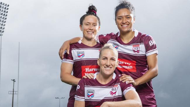 Queensland Origin players Brittany Breayley, Ali Brigginshaw and Zahara Temara are ready for their showdown with NSW at Sunshine Coast Stadium on Friday. Photo Lachie Millard