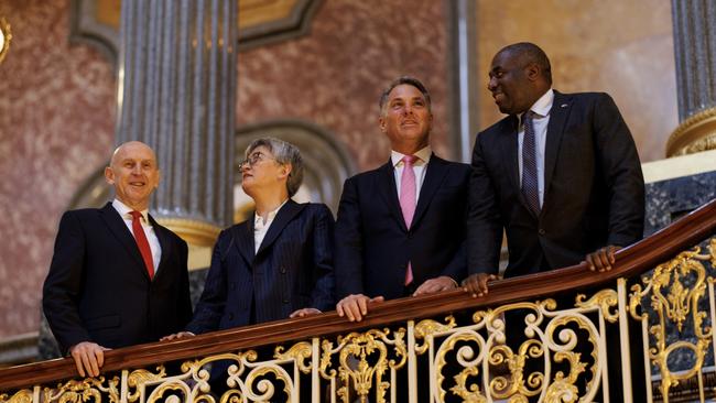 UK Foreign Secretary David Lammy (right) and Defence Secretary John Healey (left) welcome Senator Penny Wong, (centre left) and Defence Minister Richard Marles, (centre right) at Lancaster House. Picture: Getty Images