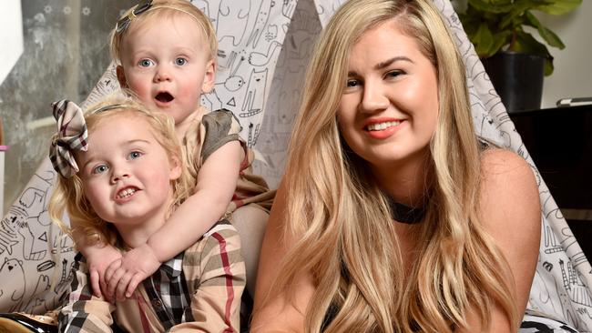 Young mum and former WAG Abby Gilmore with her children Arlo, 14 months, and Milla, 3. Picture: Jay Town