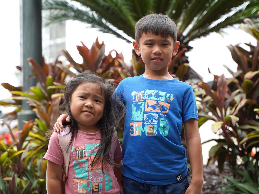 Tiffany Tinio, 3, and big brother Matthew Tinio, 6, were at Caneland Central with their dad Jake Tinio. The Melbourne family had not long arrived in Mackay for an 18th birthday party. Mr Tinio said he had never experienced winds like these from Tropical Cyclone Kirrily. January 25, 2024. Heidi Petith