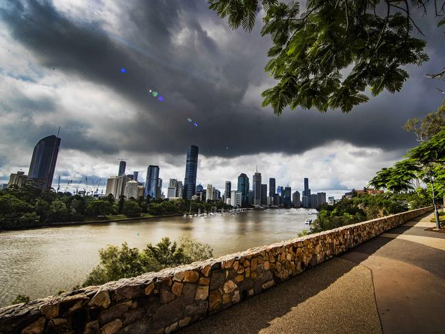 Storm clouds over Brisbane from Kangaroo Point. Picture: Nigel Hallett