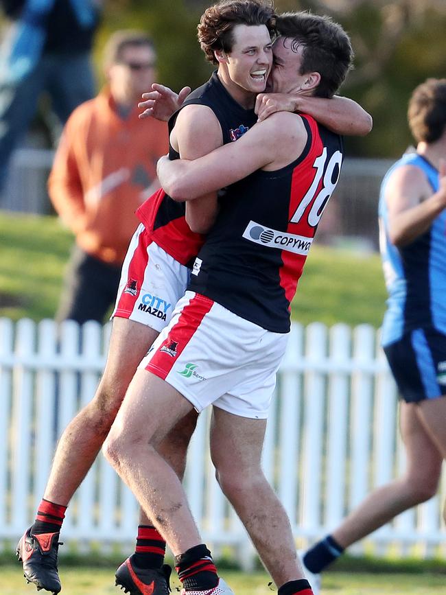 Isaac Johnson (left) celebrates a goal with West Adelaide teammate and now Crow Riley Thilthorpe against Sturt in 2020. Picture: Sarah Reed